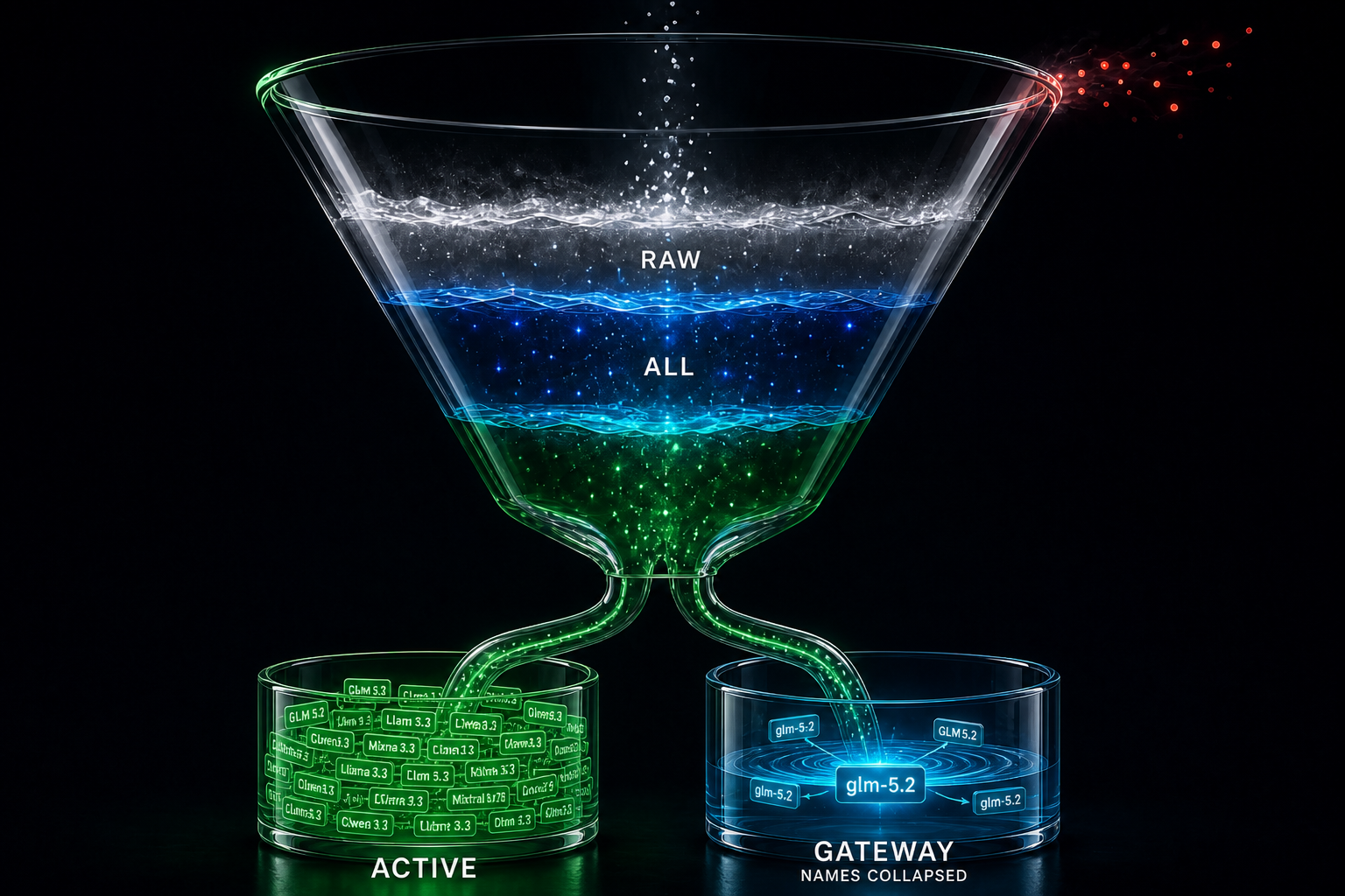 3D glass funnel: RAW into ALL, then the working set splits. ACTIVE keeps many native-name chips. GATEWAY consolidates those same bids into fewer IDs with aliases.